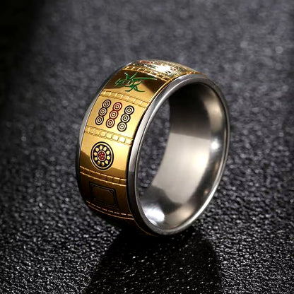 Chinese Character Mahjong Rotatable Ring Anxiety Fidget Rings Stainless Steel Spinning Spinner Ring for Men Women