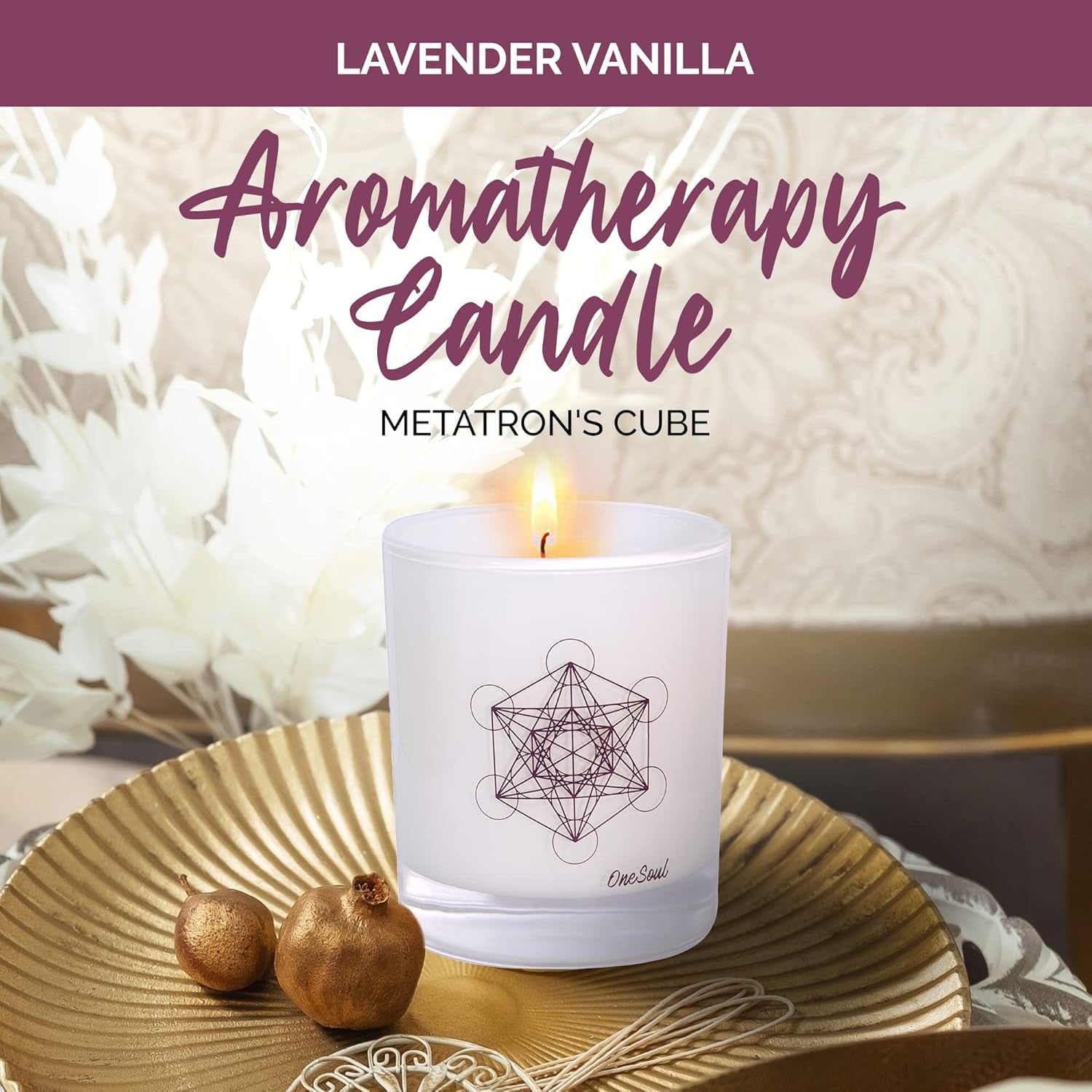 Lavender Vanilla Aromatherapy Candle, Floral Scented Candles, Luxury Candles Scented with Metatron’S Cube Symbol, Hand-Poured Soy Candle, 50 Hours Long Time, 7.6 Oz. -