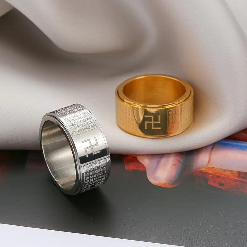 Cool Stainless Steel Rotatable Buddhism Men Anxiety Fidget Ring Spinner Swastika Buddhism Heart Sutra Classic Believer Jewelry