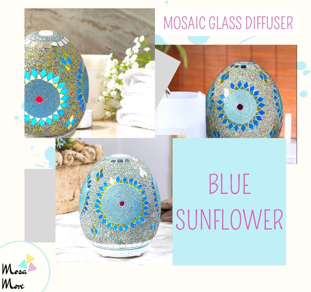 Aromatherapy Diffuser Happiness-Energy Gift Sets Essential Oils, Handmade Mosaic Glass, High-End Designs Ultrasonic Humidifier, Mist Intensity, 7 Magic LED Lights Home, Yoga, Spa, Meditation