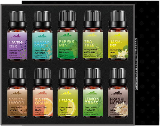 Essential Oils Set  Essential Oil Starter Kit for Skin, Candle Making Lavender Oil, Eucalyptus, Peppermint, Tea Tree, Jasmine, Sandalwood Oil, Orange, Lemon, Lemongrass, Frankincense 10X10 Ml