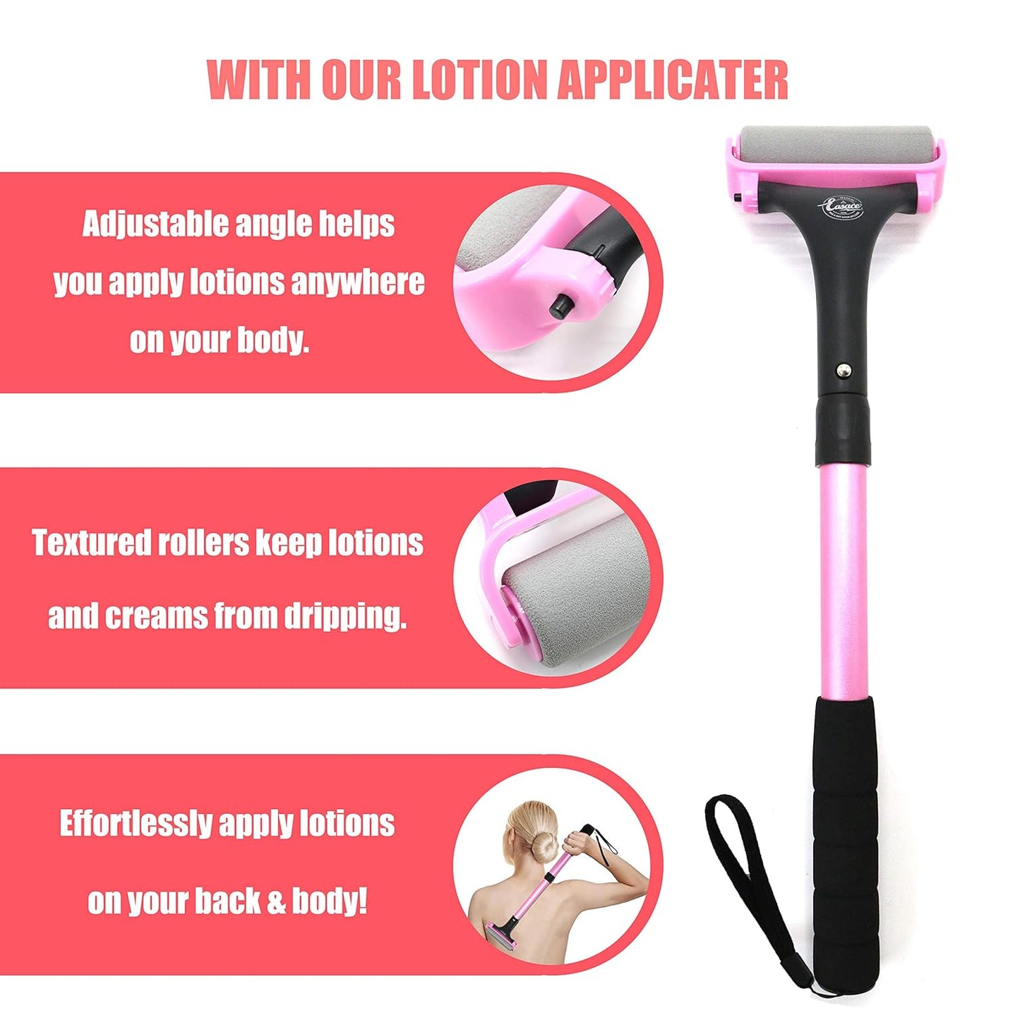 Lotion Applicator for Back & Body, Long Handle 21.5Inch Adjustable Lotion Roller with 2 Replacement Roller for Back Self(Pink)