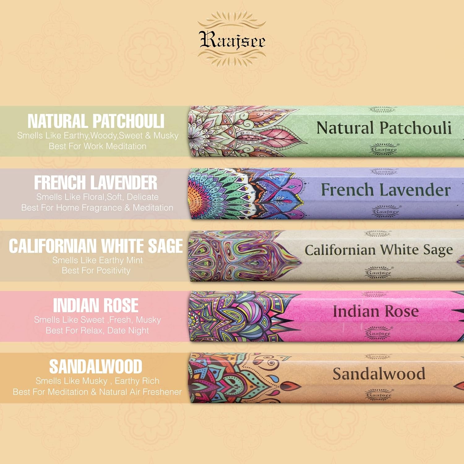 Incense Sticks Multipack 15 Sticks X 5 Pack -100% Pure Organic Natural Assorted Insense Stick - Hand Rolled Free from Chemicals -Perfect for Church Aromatherapy, Sandalwood,White Sage, Rose