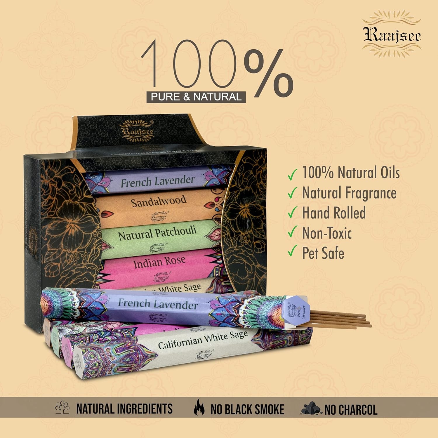 Incense Sticks Multipack 15 Sticks X 5 Pack -100% Pure Organic Natural Assorted Insense Stick - Hand Rolled Free from Chemicals -Perfect for Church Aromatherapy, Sandalwood,White Sage, Rose