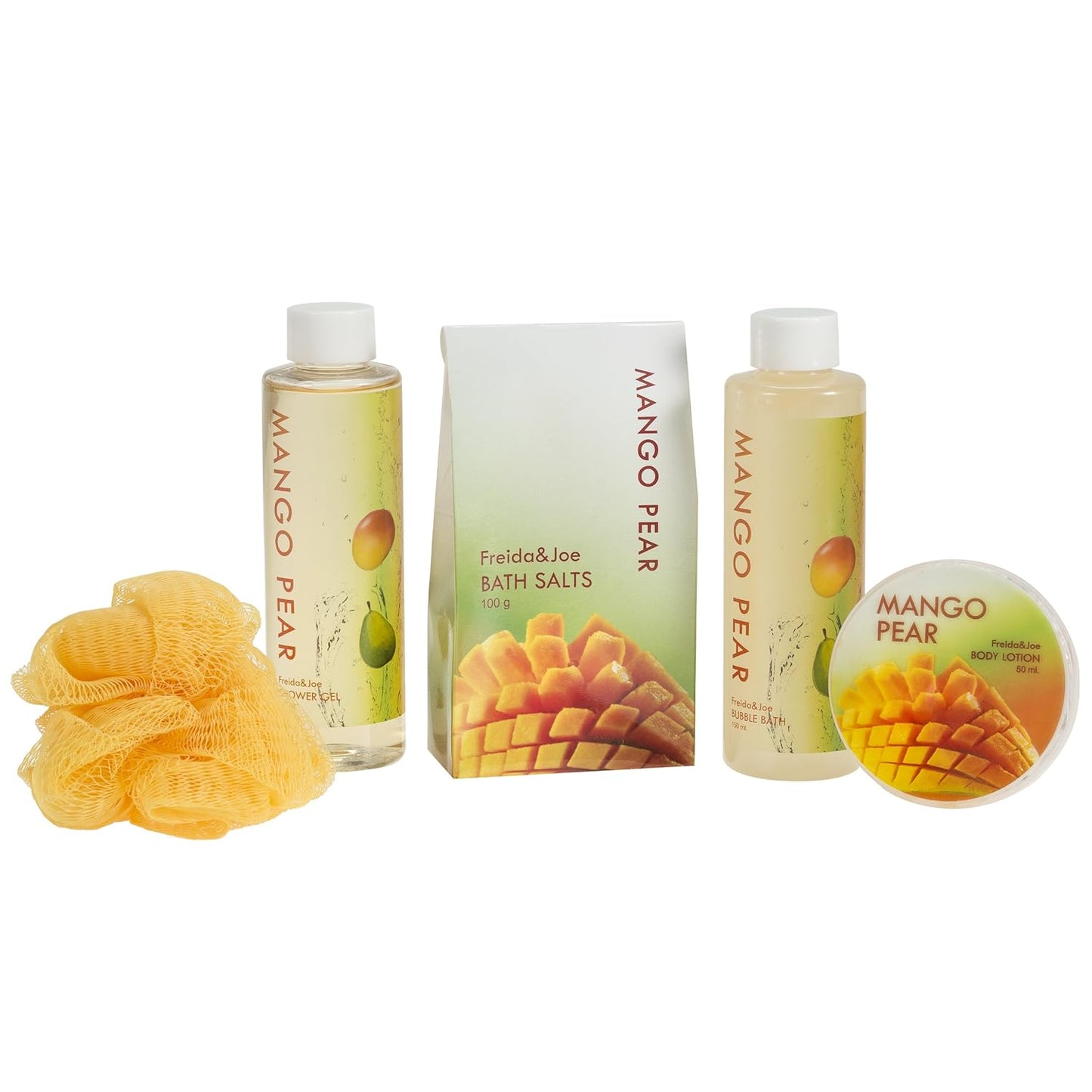 Tropical Mango Pear Fragrance Spa Set for Women - Bath & Body Set in Stylish Orange Tub - Gift Ready with Shower Gel, Body Lotion, Bubble Bath, Bath Salts, and Bath Puff