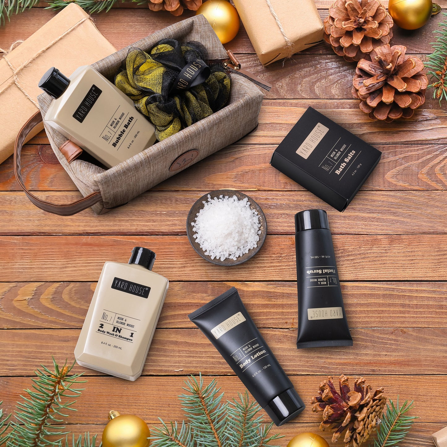 Mens Bath and Body Gift Set - Musk and Blonde Woods Scented Luxury Spa Gifts Basket for Him in Toiletry Bag-Full Size Bubble Bath, Bath Salts, Body Wash, Facial Scrub, Lotion, Shower Puff