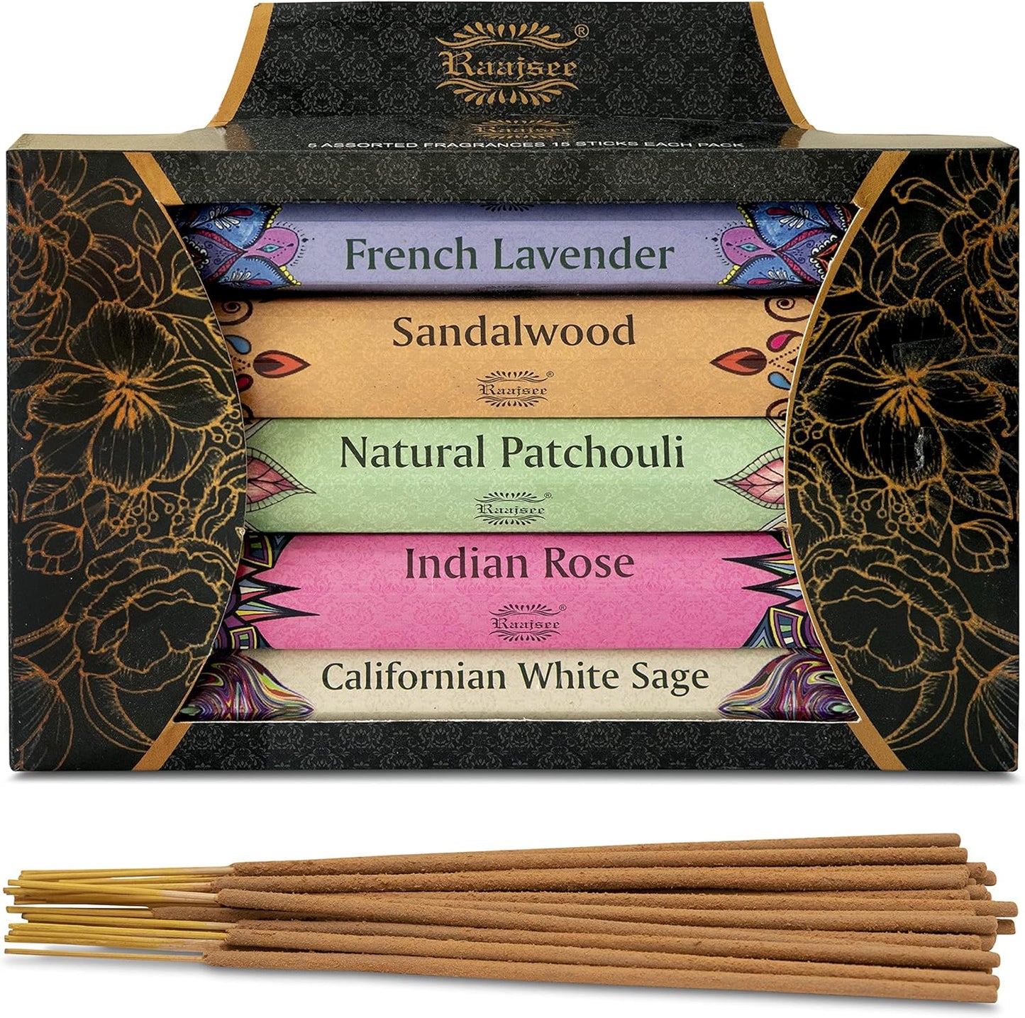 Incense Sticks Multipack 15 Sticks X 5 Pack -100% Pure Organic Natural Assorted Insense Stick - Hand Rolled Free from Chemicals -Perfect for Church Aromatherapy, Sandalwood,White Sage, Rose