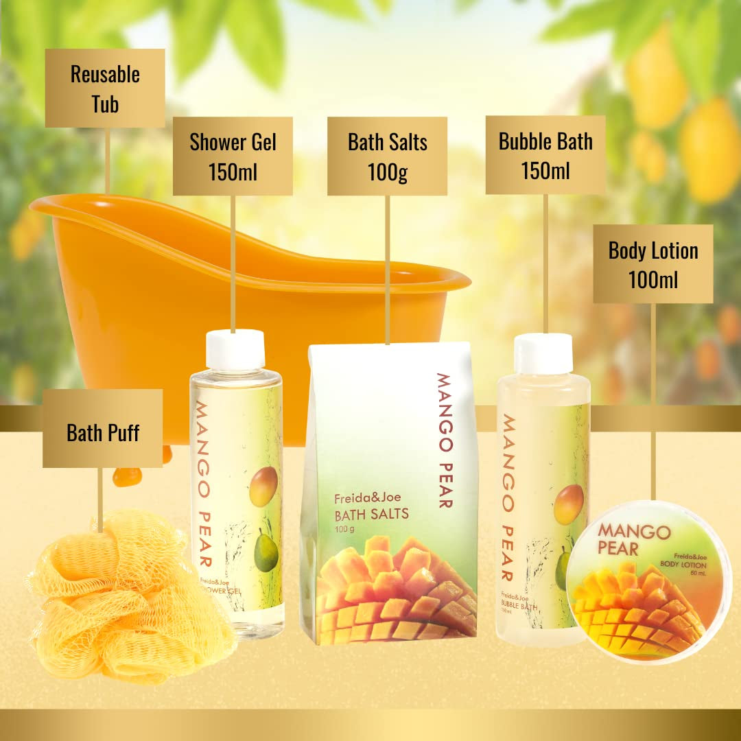 Tropical Mango Pear Fragrance Spa Set for Women - Bath & Body Set in Stylish Orange Tub - Gift Ready with Shower Gel, Body Lotion, Bubble Bath, Bath Salts, and Bath Puff