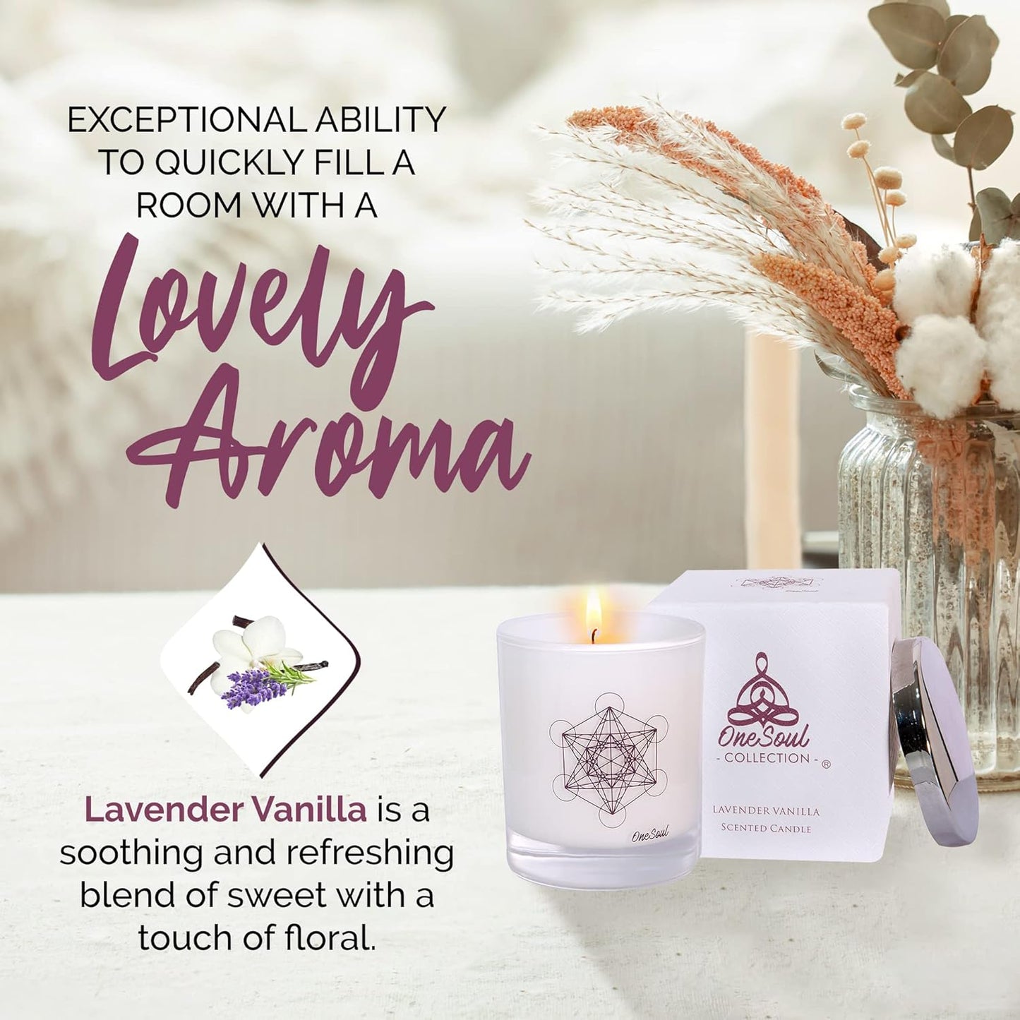 Lavender Vanilla Aromatherapy Candle, Floral Scented Candles, Luxury Candles Scented with Metatron’S Cube Symbol, Hand-Poured Soy Candle, 50 Hours Long Time, 7.6 Oz. -