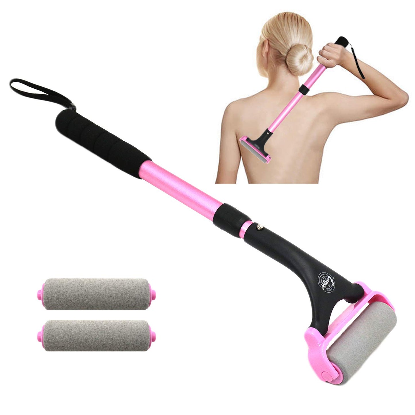 Lotion Applicator for Back & Body, Long Handle 21.5Inch Adjustable Lotion Roller with 2 Replacement Roller for Back Self(Pink)