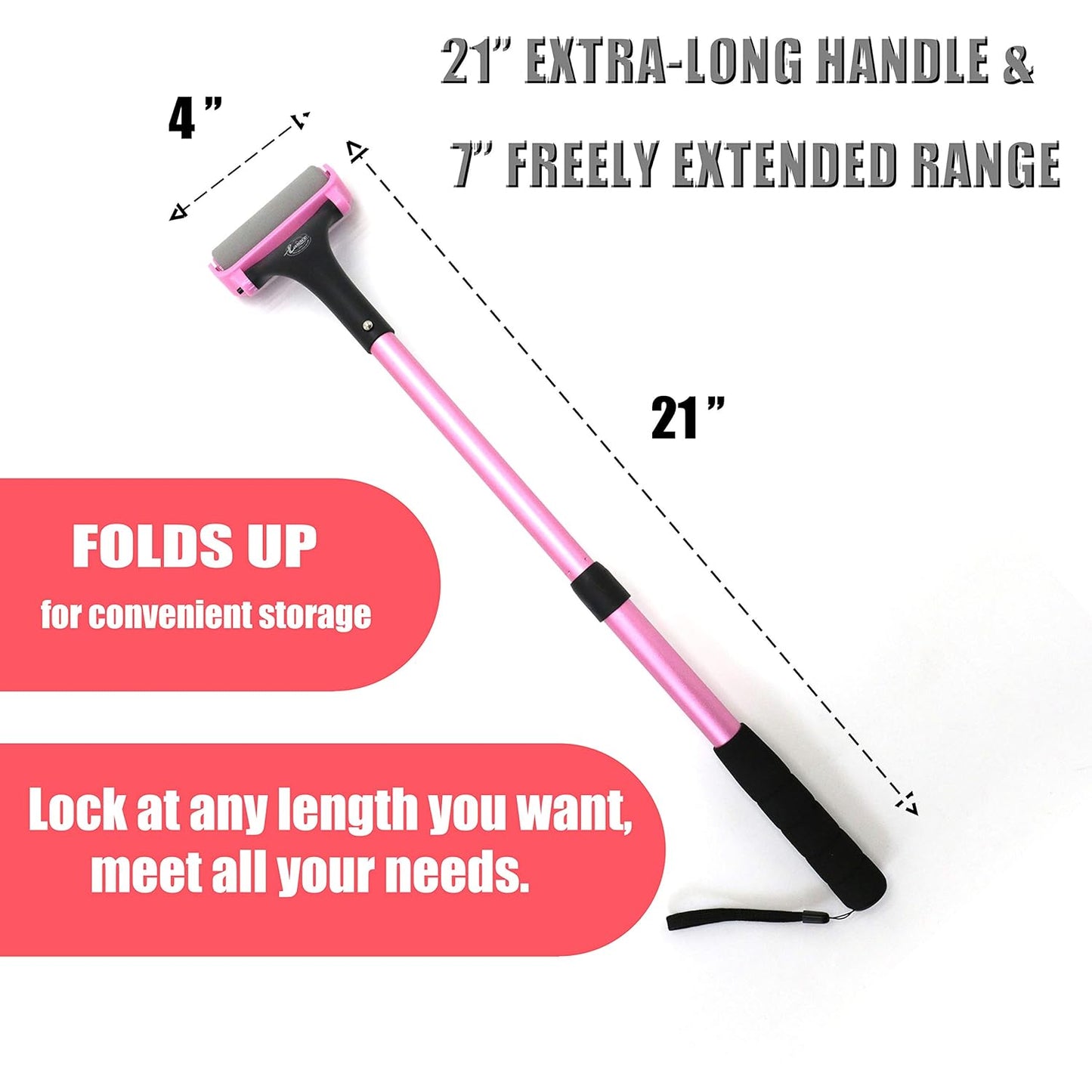 Lotion Applicator for Back & Body, Long Handle 21.5Inch Adjustable Lotion Roller with 2 Replacement Roller for Back Self(Pink)