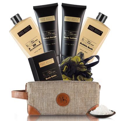 Mens Bath and Body Gift Set - Musk and Blonde Woods Scented Luxury Spa Gifts Basket for Him in Toiletry Bag-Full Size Bubble Bath, Bath Salts, Body Wash, Facial Scrub, Lotion, Shower Puff