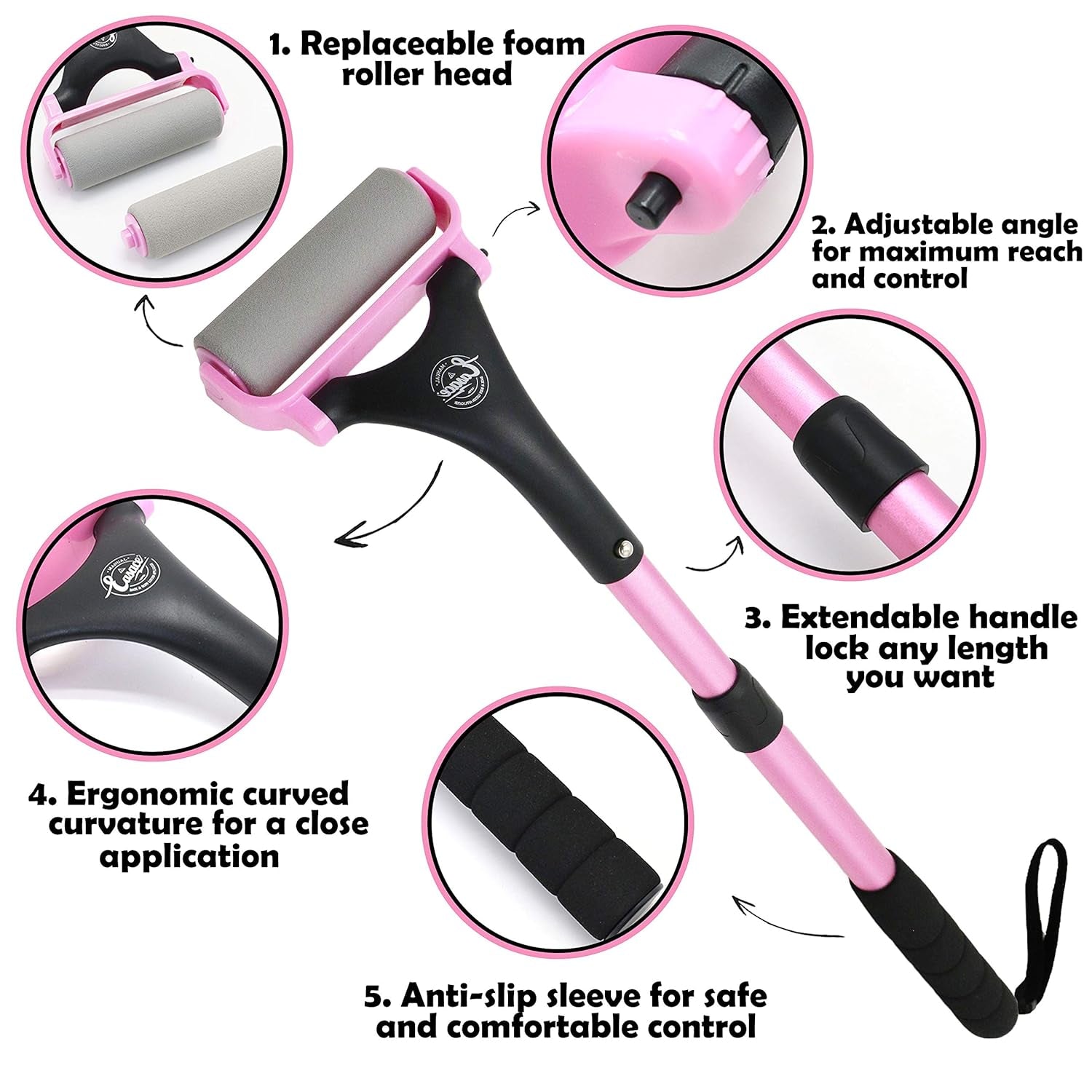 Lotion Applicator for Back & Body, Long Handle 21.5Inch Adjustable Lotion Roller with 2 Replacement Roller for Back Self(Pink)