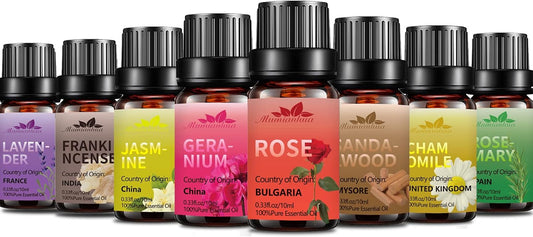 Essential Oil Set  Pure Aromatherapy Oil Set for Diffuser, Skin, Soap, Candle Making(Rose Oil, Frankincense, Jasmine Oil, Geranium, Lavender Oil,Chamomile Oil,Sandalwood Oil,Rosemary) 8X10 Ml