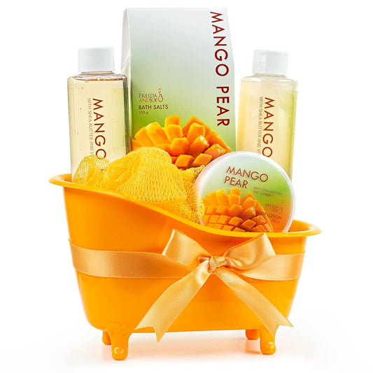 Tropical Mango Pear Fragrance Spa Set for Women - Bath & Body Set in Stylish Orange Tub - Gift Ready with Shower Gel, Body Lotion, Bubble Bath, Bath Salts, and Bath Puff