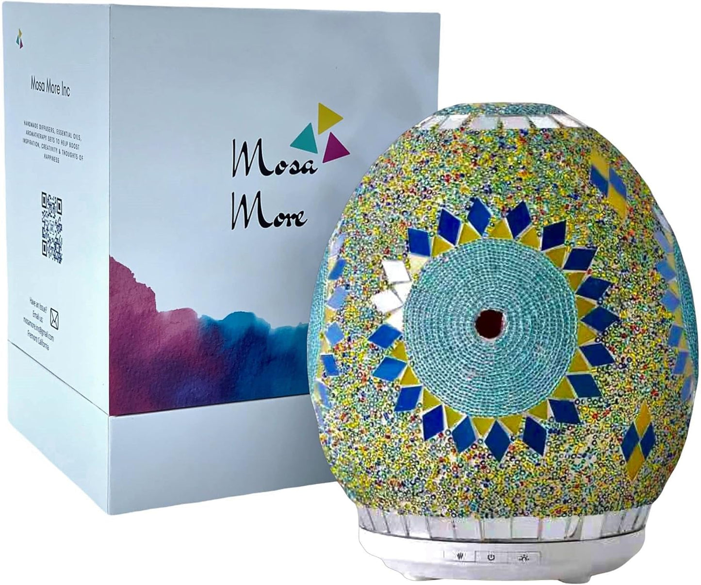 Aromatherapy Diffuser Happiness-Energy Gift Sets Essential Oils, Handmade Mosaic Glass, High-End Designs Ultrasonic Humidifier, Mist Intensity, 7 Magic LED Lights Home, Yoga, Spa, Meditation