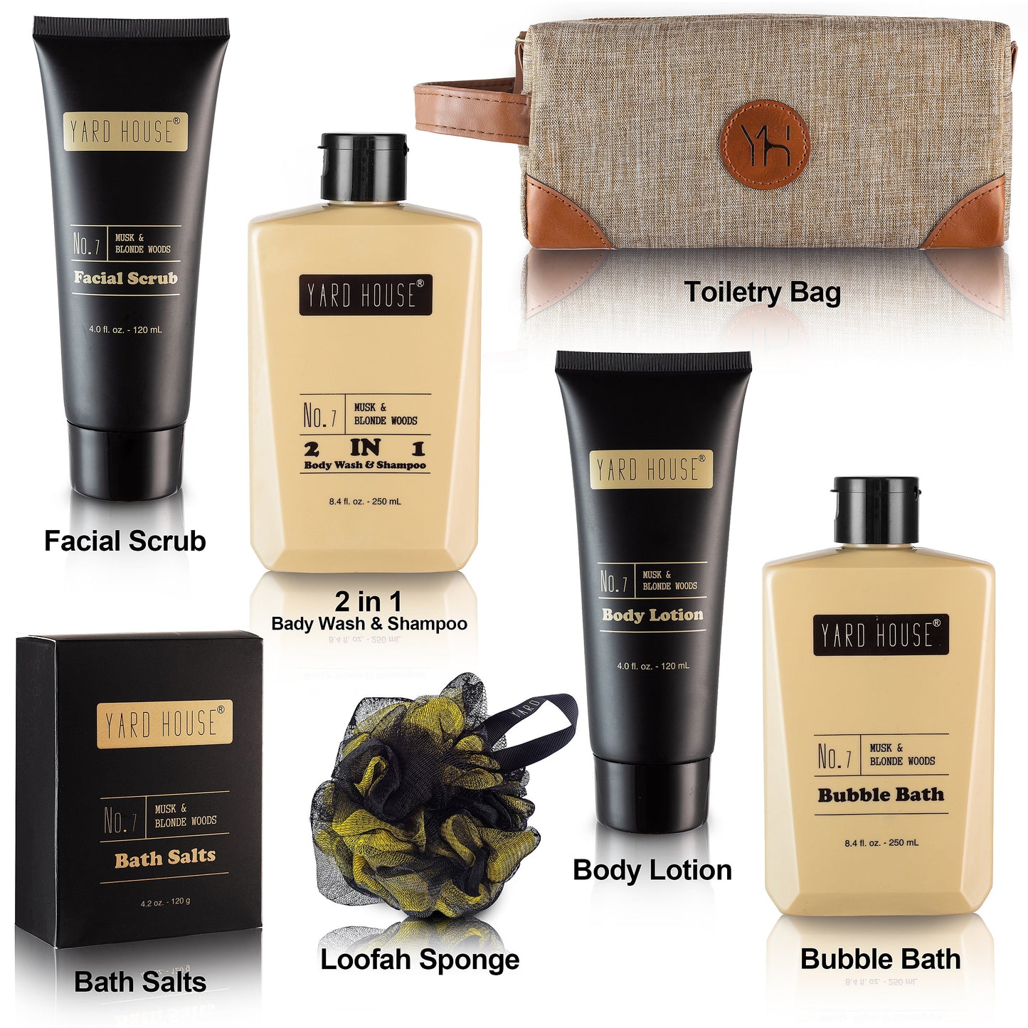 Mens Bath and Body Gift Set - Musk and Blonde Woods Scented Luxury Spa Gifts Basket for Him in Toiletry Bag-Full Size Bubble Bath, Bath Salts, Body Wash, Facial Scrub, Lotion, Shower Puff